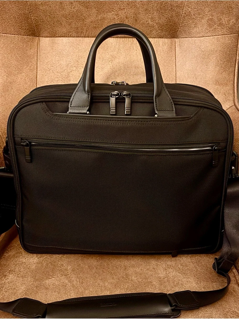 Tumi Black Nylon Briefcase with Leather Trim and Shoulder Strap